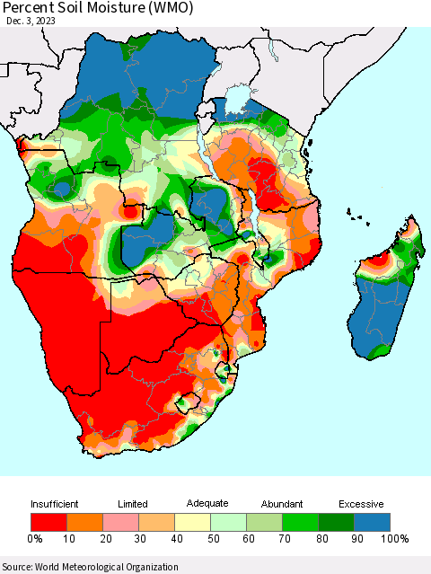 Southern Africa Percent Soil Moisture (WMO) Thematic Map For 11/27/2023 - 12/3/2023