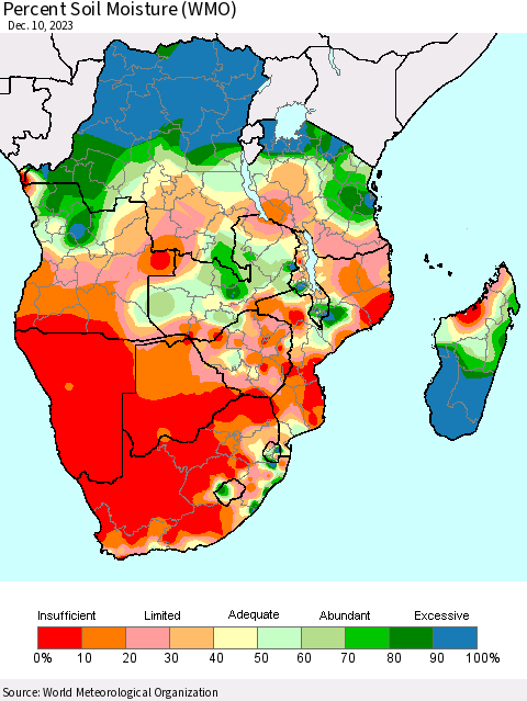 Southern Africa Percent Soil Moisture (WMO) Thematic Map For 12/4/2023 - 12/10/2023