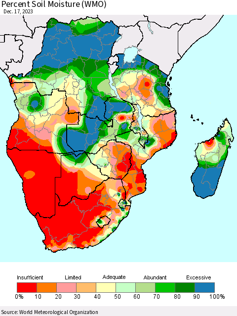Southern Africa Percent Soil Moisture (WMO) Thematic Map For 12/11/2023 - 12/17/2023