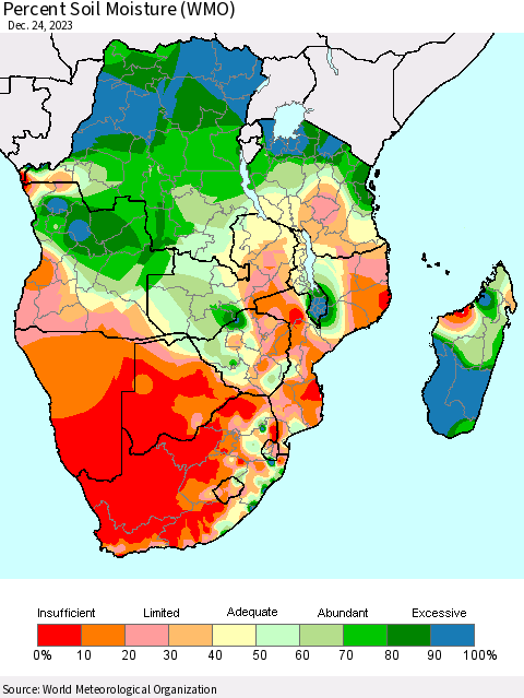 Southern Africa Percent Soil Moisture (WMO) Thematic Map For 12/18/2023 - 12/24/2023