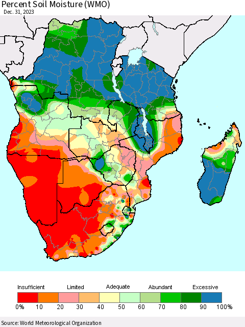 Southern Africa Percent Soil Moisture (WMO) Thematic Map For 12/25/2023 - 12/31/2023