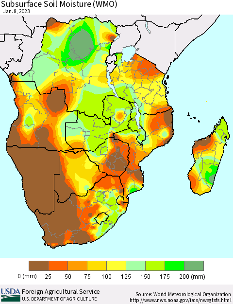 Southern Africa Subsurface Soil Moisture (WMO) Thematic Map For 1/2/2023 - 1/8/2023