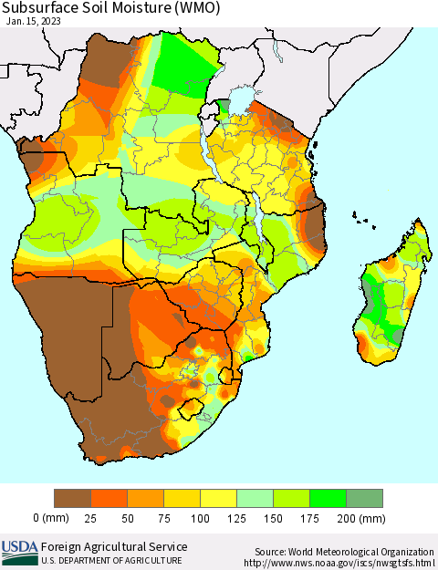 Southern Africa Subsurface Soil Moisture (WMO) Thematic Map For 1/9/2023 - 1/15/2023