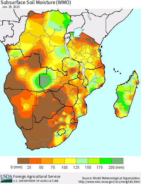 Southern Africa Subsurface Soil Moisture (WMO) Thematic Map For 1/23/2023 - 1/29/2023