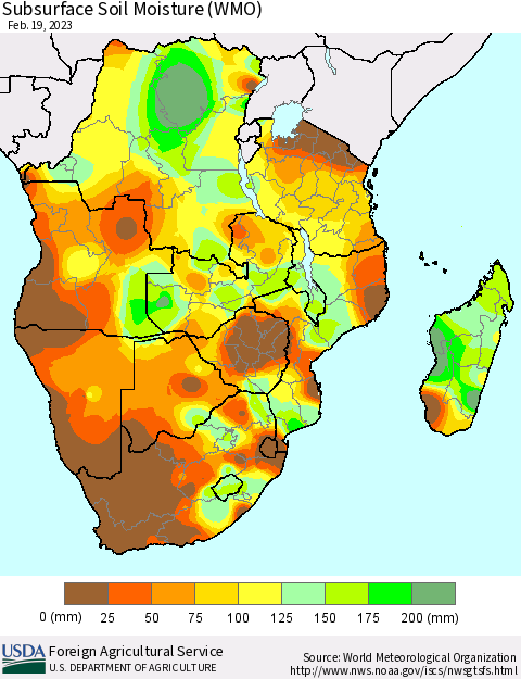 Southern Africa Subsurface Soil Moisture (WMO) Thematic Map For 2/13/2023 - 2/19/2023