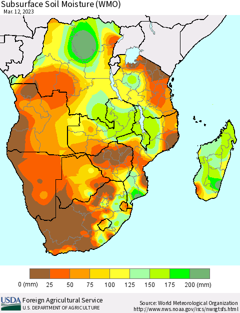 Southern Africa Subsurface Soil Moisture (WMO) Thematic Map For 3/6/2023 - 3/12/2023