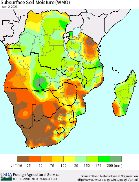 Southern Africa Subsurface Soil Moisture (WMO) Thematic Map For 3/27/2023 - 4/2/2023