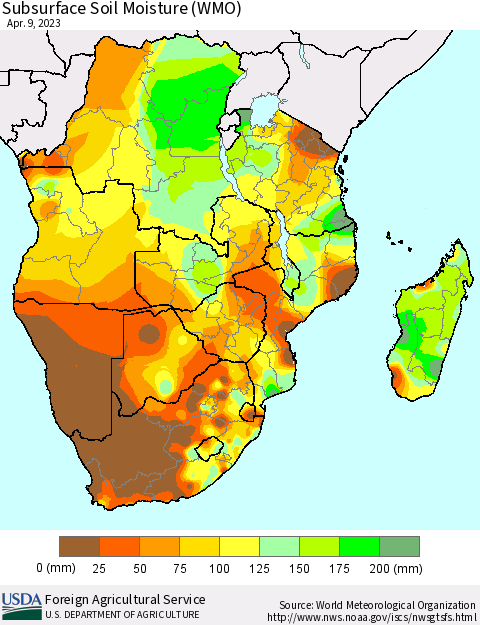 Southern Africa Subsurface Soil Moisture (WMO) Thematic Map For 4/3/2023 - 4/9/2023