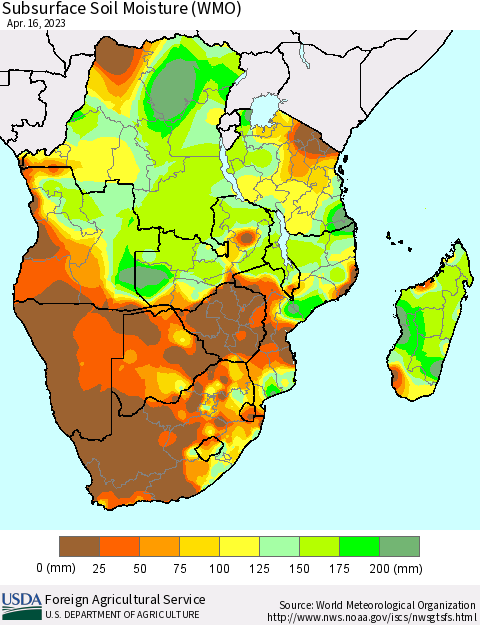 Southern Africa Subsurface Soil Moisture (WMO) Thematic Map For 4/10/2023 - 4/16/2023