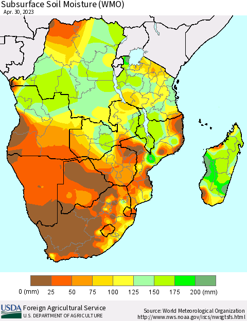 Southern Africa Subsurface Soil Moisture (WMO) Thematic Map For 4/24/2023 - 4/30/2023