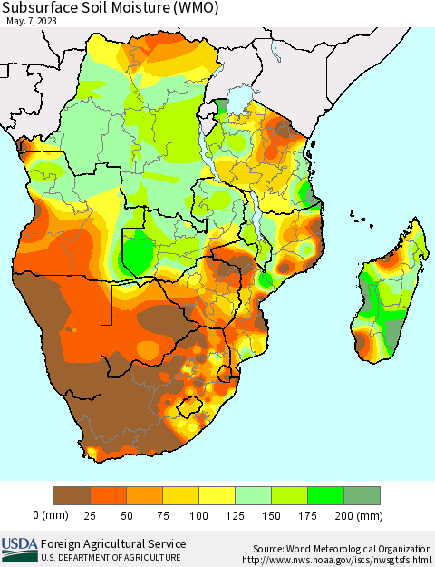 Southern Africa Subsurface Soil Moisture (WMO) Thematic Map For 5/1/2023 - 5/7/2023