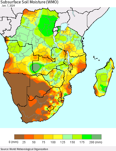 Southern Africa Subsurface Soil Moisture (WMO) Thematic Map For 1/1/2024 - 1/7/2024