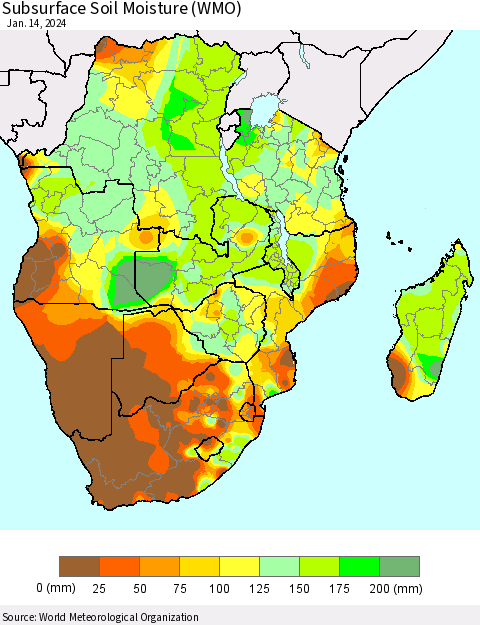 Southern Africa Subsurface Soil Moisture (WMO) Thematic Map For 1/8/2024 - 1/14/2024