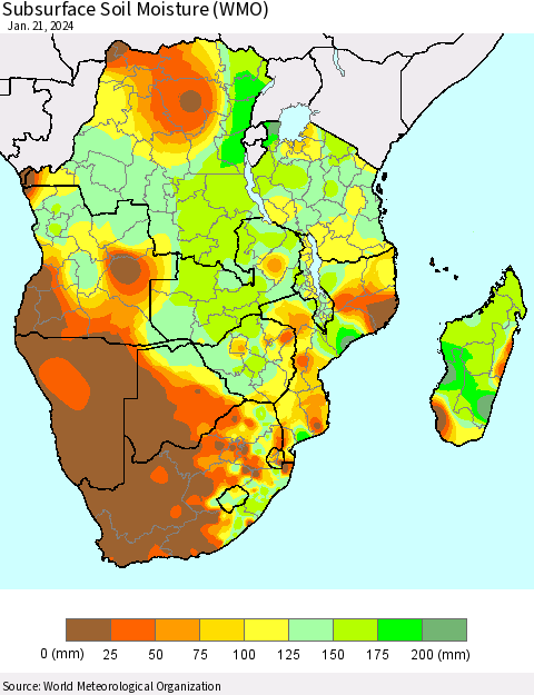 Southern Africa Subsurface Soil Moisture (WMO) Thematic Map For 1/15/2024 - 1/21/2024