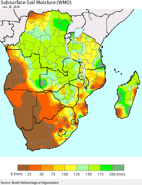 Southern Africa Subsurface Soil Moisture (WMO) Thematic Map For 1/22/2024 - 1/28/2024