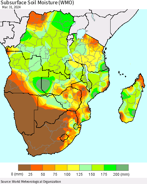 Southern Africa Subsurface Soil Moisture (WMO) Thematic Map For 3/25/2024 - 3/31/2024