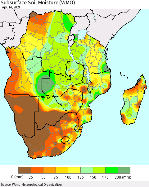 Southern Africa Subsurface Soil Moisture (WMO) Thematic Map For 4/8/2024 - 4/14/2024