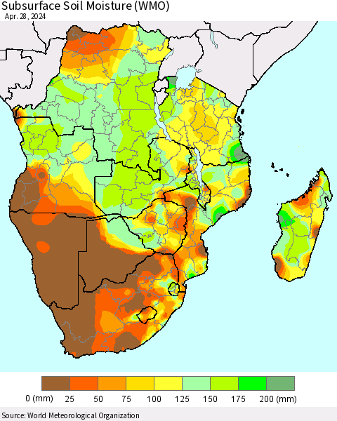Southern Africa Subsurface Soil Moisture (WMO) Thematic Map For 4/22/2024 - 4/28/2024