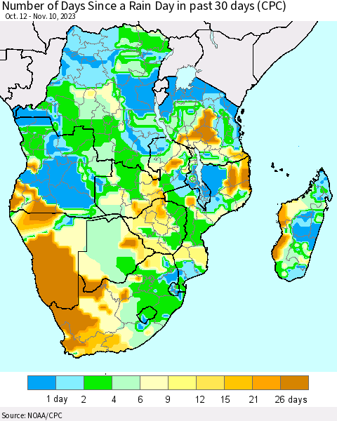 Southern Africa Number of Days Since a Rain Day in past 30 days (CPC) Thematic Map For 11/6/2023 - 11/10/2023