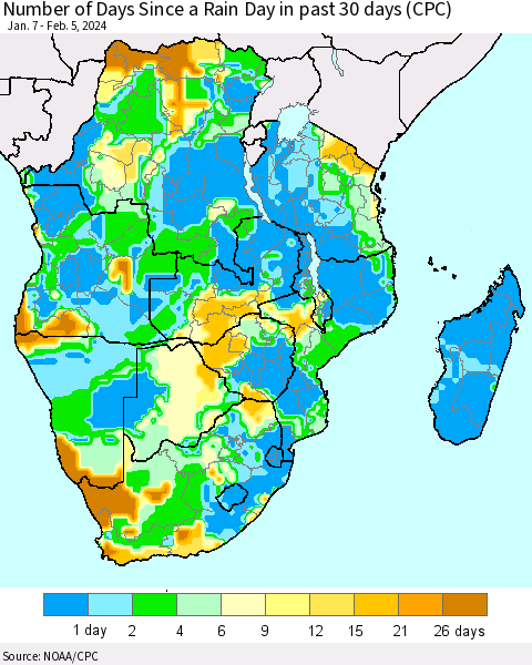 Southern Africa Number of Days Since a Rain Day in past 30 days (CPC) Thematic Map For 2/1/2024 - 2/5/2024