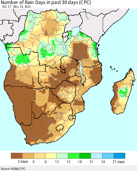 Southern Africa Number of Rain Days in past 30 days (CPC) Thematic Map For 11/11/2023 - 11/15/2023