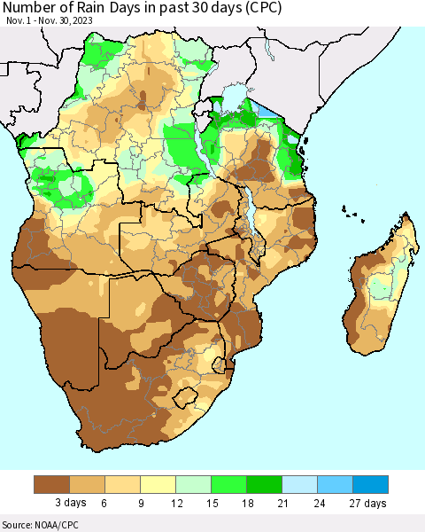 Southern Africa Number of Rain Days in past 30 days (CPC) Thematic Map For 11/26/2023 - 11/30/2023