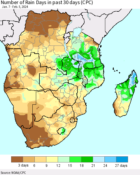 Southern Africa Number of Rain Days in past 30 days (CPC) Thematic Map For 2/1/2024 - 2/5/2024