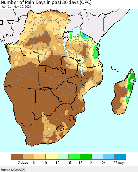 Southern Africa Number of Rain Days in past 30 days (CPC) Thematic Map For 5/6/2024 - 5/10/2024