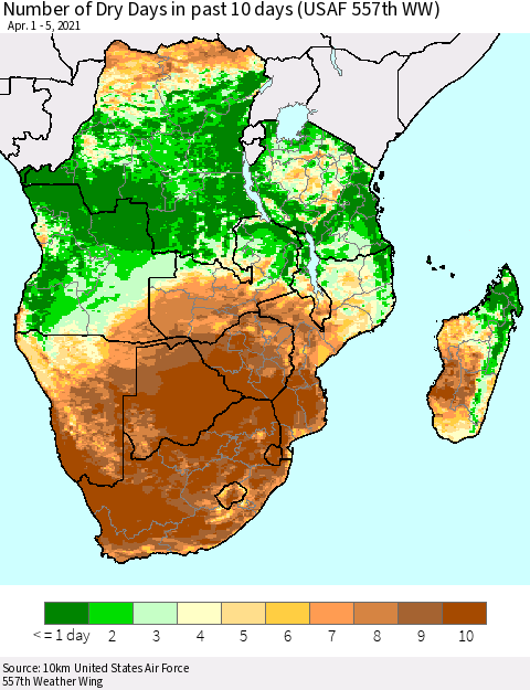 Southern Africa Number of Dry Days in past 10 days (USAF 557th WW) Thematic Map For 4/1/2021 - 4/5/2021
