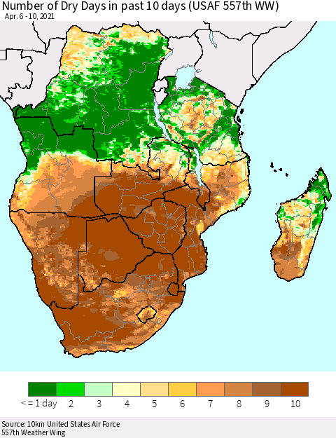 Southern Africa Number of Dry Days in past 10 days (USAF 557th WW) Thematic Map For 4/6/2021 - 4/10/2021