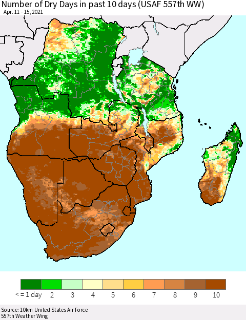 Southern Africa Number of Dry Days in past 10 days (USAF 557th WW) Thematic Map For 4/11/2021 - 4/15/2021