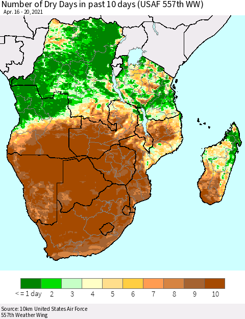 Southern Africa Number of Dry Days in past 10 days (USAF 557th WW) Thematic Map For 4/16/2021 - 4/20/2021