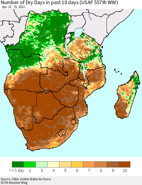 Southern Africa Number of Dry Days in past 10 days (USAF 557th WW) Thematic Map For 4/21/2021 - 4/25/2021
