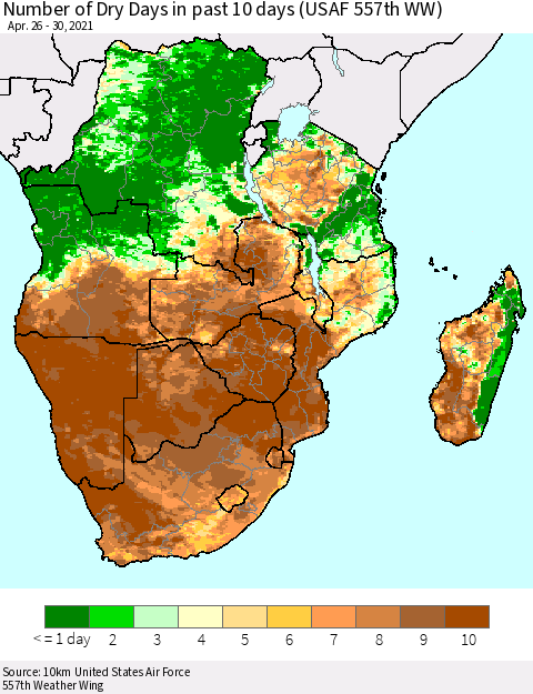 Southern Africa Number of Dry Days in past 10 days (USAF 557th WW) Thematic Map For 4/26/2021 - 4/30/2021
