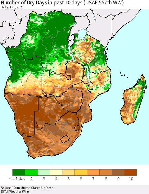 Southern Africa Number of Dry Days in past 10 days (USAF 557th WW) Thematic Map For 5/1/2021 - 5/5/2021
