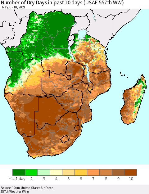 Southern Africa Number of Dry Days in past 10 days (USAF 557th WW) Thematic Map For 5/6/2021 - 5/10/2021