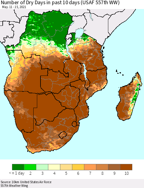 Southern Africa Number of Dry Days in past 10 days (USAF 557th WW) Thematic Map For 5/11/2021 - 5/15/2021