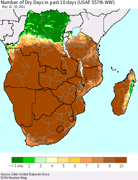 Southern Africa Number of Dry Days in past 10 days (USAF 557th WW) Thematic Map For 5/16/2021 - 5/20/2021
