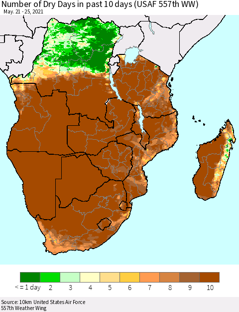 Southern Africa Number of Dry Days in past 10 days (USAF 557th WW) Thematic Map For 5/21/2021 - 5/25/2021