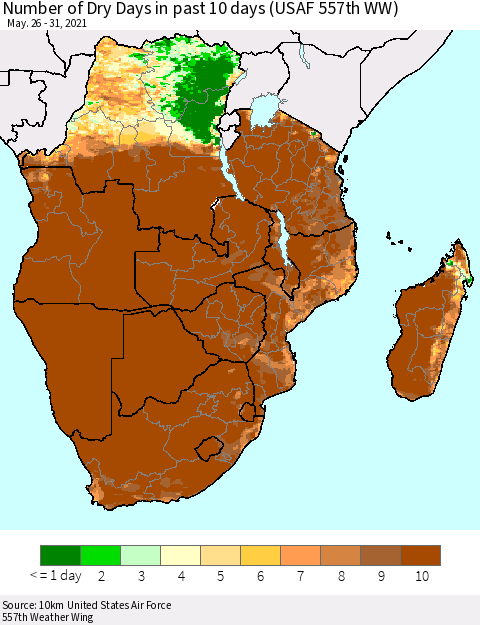 Southern Africa Number of Dry Days in past 10 days (USAF 557th WW) Thematic Map For 5/26/2021 - 5/31/2021