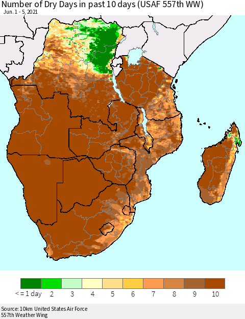 Southern Africa Number of Dry Days in past 10 days (USAF 557th WW) Thematic Map For 6/1/2021 - 6/5/2021