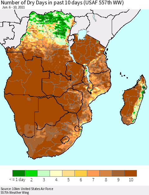 Southern Africa Number of Dry Days in past 10 days (USAF 557th WW) Thematic Map For 6/6/2021 - 6/10/2021