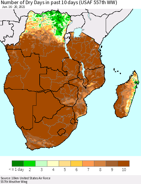 Southern Africa Number of Dry Days in past 10 days (USAF 557th WW) Thematic Map For 6/16/2021 - 6/20/2021