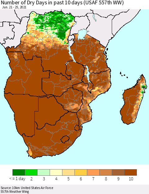 Southern Africa Number of Dry Days in past 10 days (USAF 557th WW) Thematic Map For 6/21/2021 - 6/25/2021