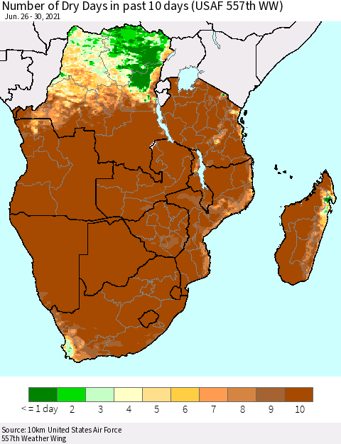 Southern Africa Number of Dry Days in past 10 days (USAF 557th WW) Thematic Map For 6/26/2021 - 6/30/2021