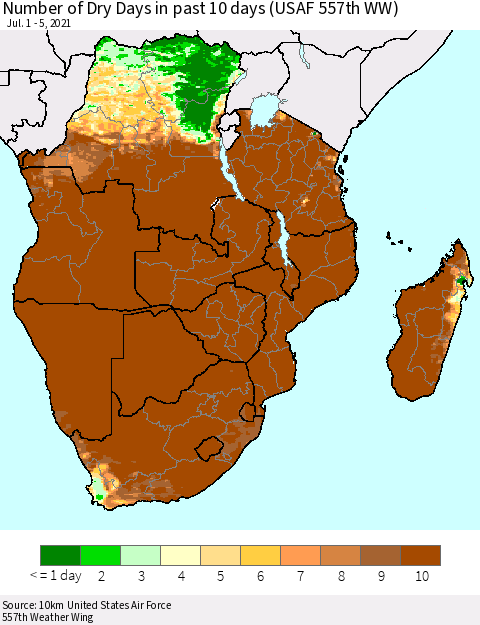 Southern Africa Number of Dry Days in past 10 days (USAF 557th WW) Thematic Map For 7/1/2021 - 7/5/2021