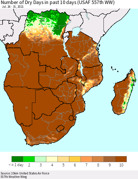 Southern Africa Number of Dry Days in past 10 days (USAF 557th WW) Thematic Map For 7/26/2021 - 7/31/2021