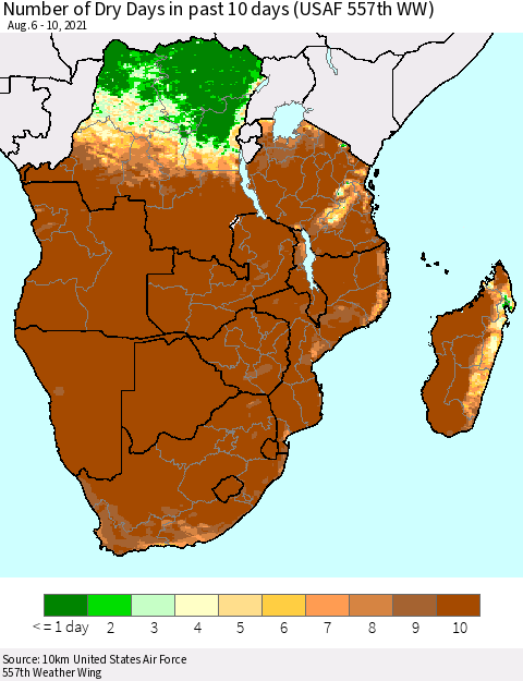 Southern Africa Number of Dry Days in past 10 days (USAF 557th WW) Thematic Map For 8/6/2021 - 8/10/2021