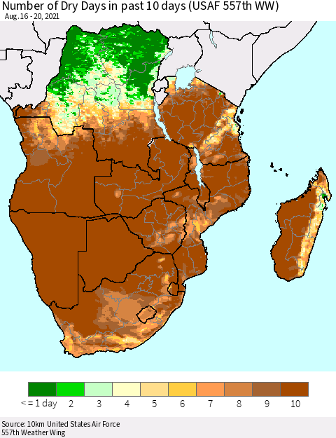 Southern Africa Number of Dry Days in past 10 days (USAF 557th WW) Thematic Map For 8/16/2021 - 8/20/2021