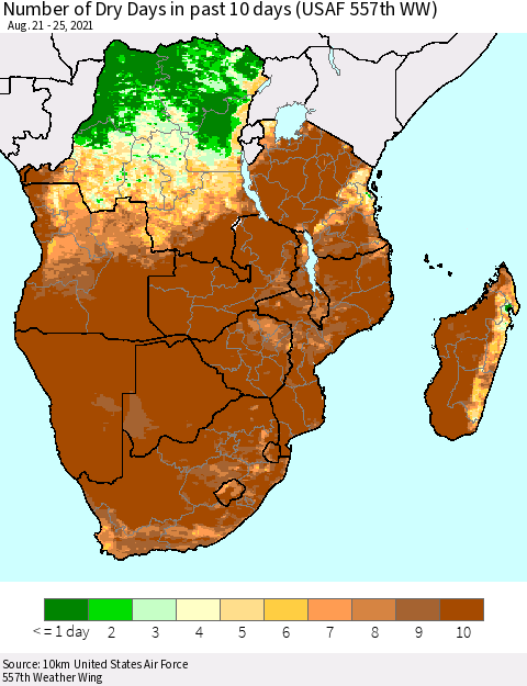 Southern Africa Number of Dry Days in past 10 days (USAF 557th WW) Thematic Map For 8/21/2021 - 8/25/2021